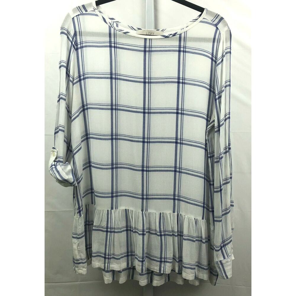 Ann Taylor Loft Blouse Woman M White Navy Plaid Ruffle Hem Roll Tab Long Sleeves